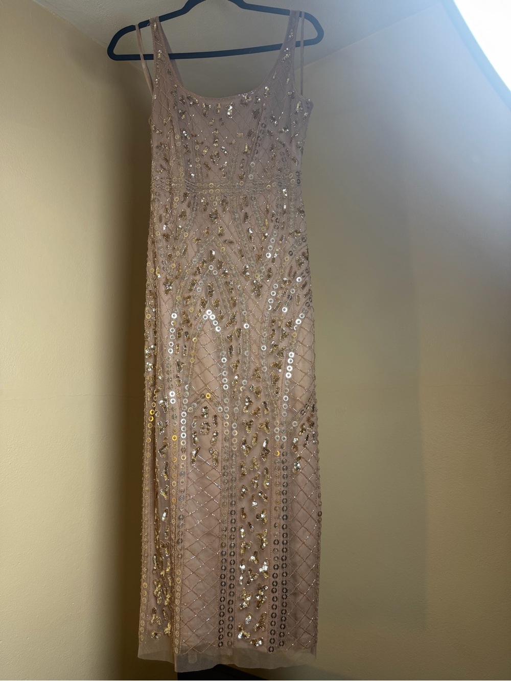 Adrianna Papell Sequin-Embellished Maxi Dress in Blush and Gold